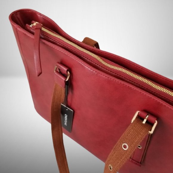 NWT! Burgundy Faux Leather Tote Bag w/Laptop Divider & Luggage Strap - Picture 4 of 14